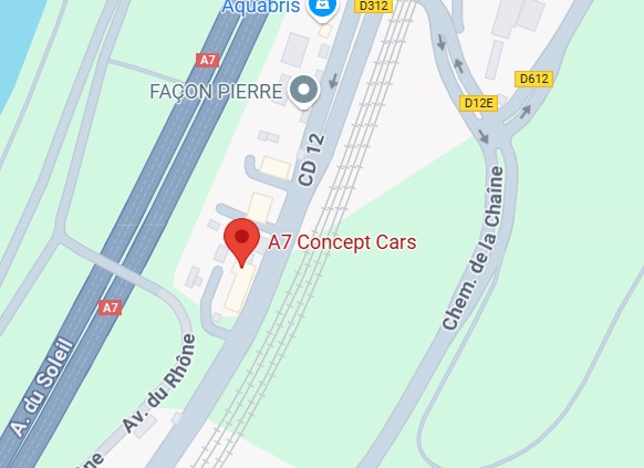Carte routière affichant "A7 Concept Cars" avec un marqueur rouge, près des autoroutes A7, CD 12, et D312, à côté de "FAÇON PIERRE" et "Aquabris".