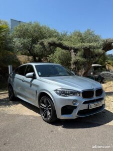 BMW X6 M argent garé sous de vieux oliviers, plaque 'A7 CONCEPT'. Ciel bleu, watermark leboncoin.
