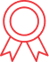 Icône rouge d'une médaille ou d'un badge de qualité avec cercle et rubans, symbolisant récompense, certification ou excellence.